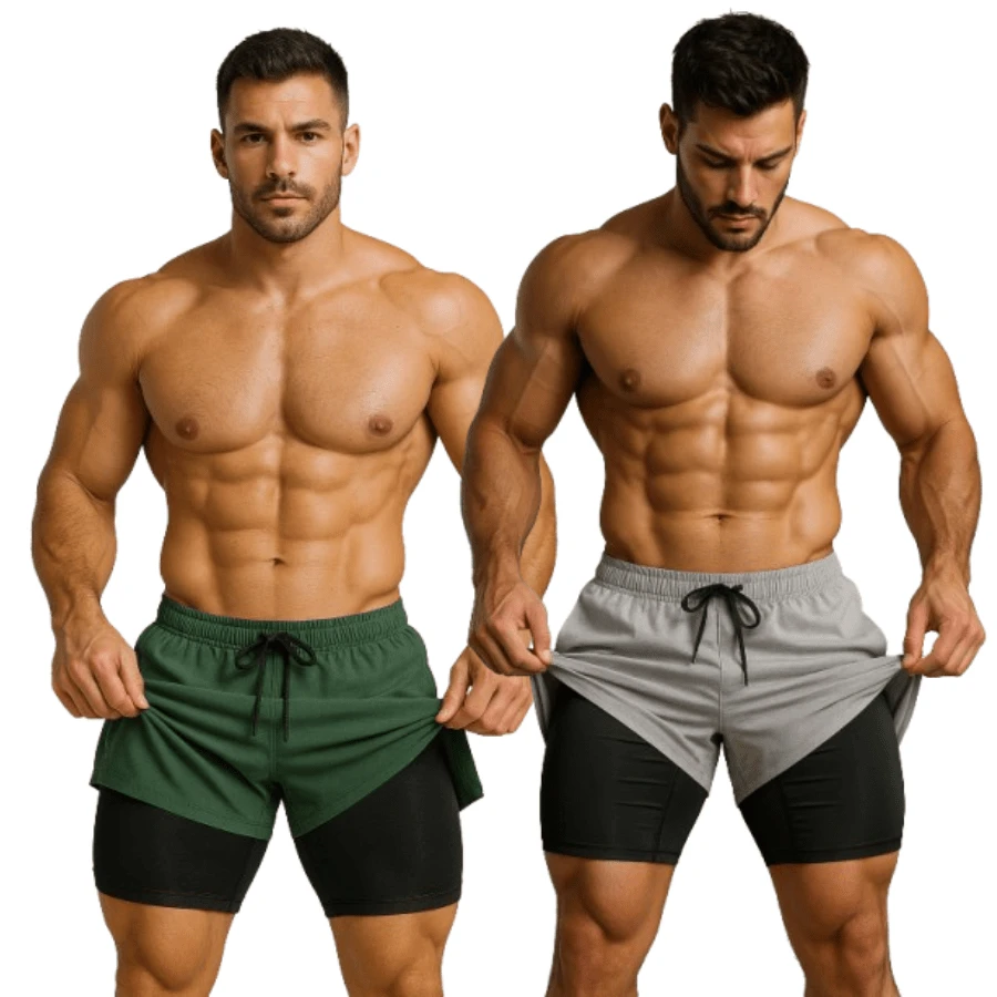 Kit Of 2 Men's 2-In-1 UV Sports Shorts, DryFit, For Gym, Training, Running, Cycling - KIT 2 Green Gray - View 1