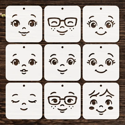 Set de 9 plantillas de rostro grande - Reutilizables, incluye expresiones de sonrisa, serio y sorprendido - Adecuado para pintura, manualidades, fabricación de muñecas, decoración del hogar, regalos de cumpleaños y Navidad - Compatible con lienzo, tela, pintura DIY, plantillas decorativas, plantillas creativas, material de alta calidad, plantillas de pintura, aficionados a las manualidades, compradores de regalos