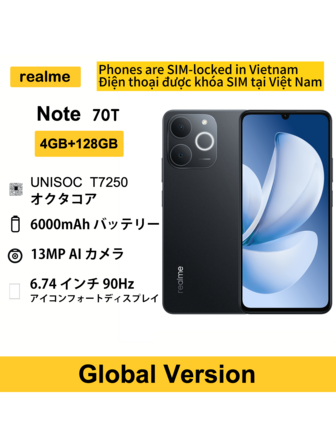 Realme Note 70T Smartphone 4GB+128GB, 6,74-tums 90Hz-skärm, 13MP bakre kamera, 7,94 mm tunn kropp, 6000mAh stort batteri, 8-kärnig telefon, global version, julklappar/presenter, utan laddare
