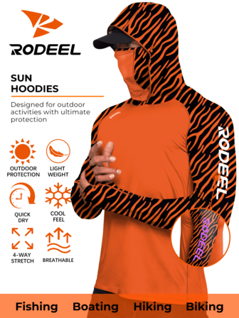 RODEEL Herren Kapuzen-Sweatshirt mit Schulterpolstern, schweißabsorbierend und atmungsaktiv mit Nackenschutz, Langarm-T-Shirt für Outdoor-Aktivitäten wie Angeln, Wandern, Radfahren