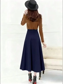 Chân váy maxi đen dáng chữ A cạp cao, thời trang và đa năng, phong cách Hàn Quốc, phù hợp cho mùa thu/đông xuân. - Màu xanh hải quân - Xem 2