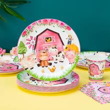 25件套可爱粉色农舍风一次性餐盘、餐巾纸和纸杯，农场主题派对用品，适合25位客人，一次性纸盘，派对餐具，适用于生日、婚礼、聚会、家庭野餐