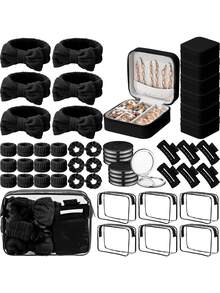 48 Pcs Black Spa Party Favors For Women Pink Beige Sleepover Set Headband Wristband Scrunchies Hair Clip Jewelry Case Makeup Bag Bridesmaid Gifts - 黑色 - 查看 7