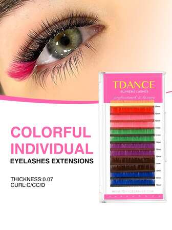  1 caja TDANCE 12 filas de pestañas postizas individuales de colores variados, extensiones de pestañas clásicas premium, suaves y naturales, pestañas de colores multicolor, extensión de pestañas 0.07 C/CC/D 12mm
