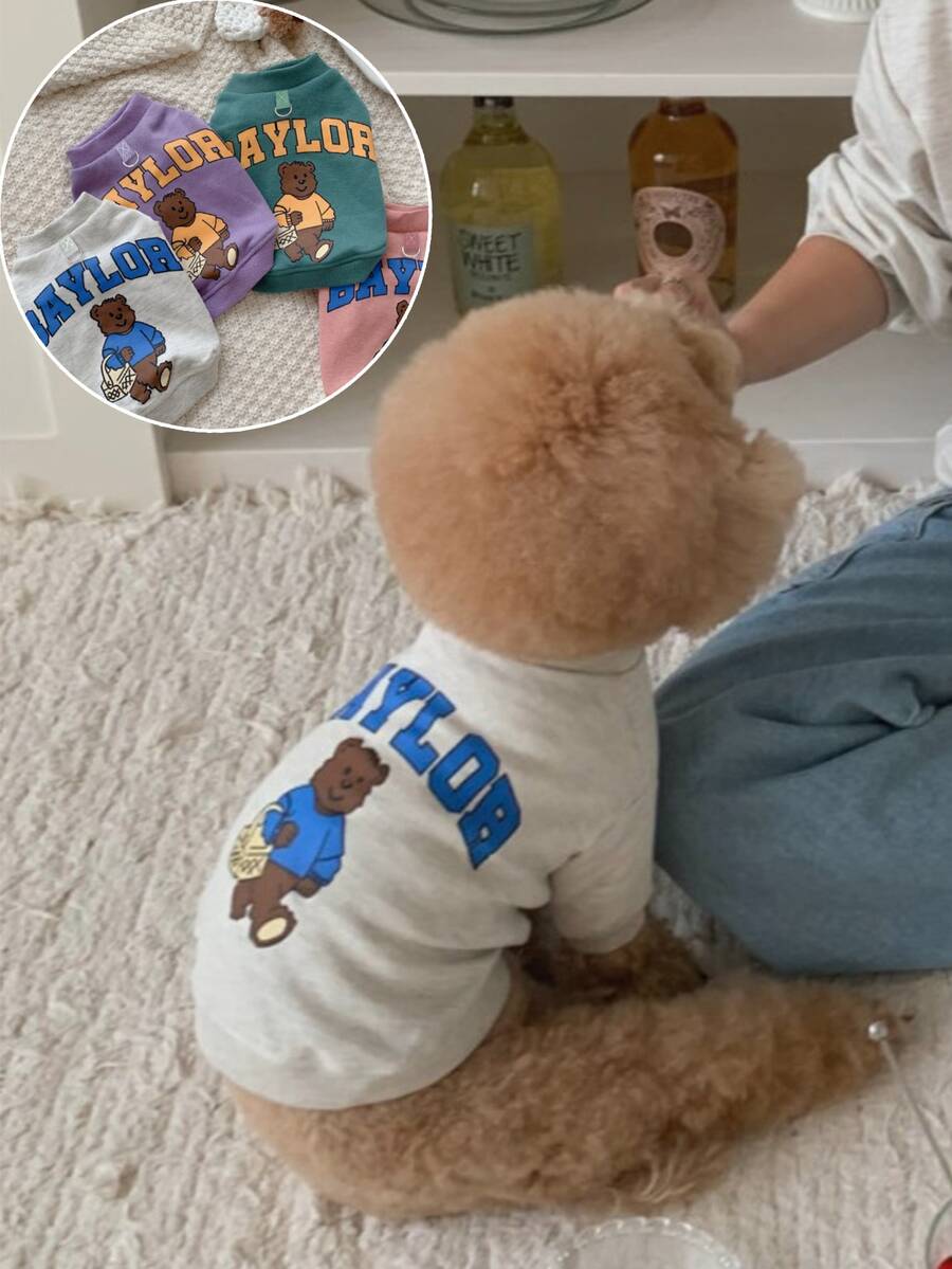 1件 LANGXINGCS 宠物衣服，可爱小熊图案宠物衬衫，保暖抓绒熊猫卫衣带字母，宠物连帽衫带牵引环，适合小型/中型猫狗