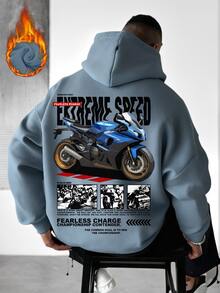 男士摩托车赛车主题印花宽松口袋连帽衫，秋冬季长袖上衣 - 淺藍色 - 查看 2