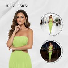 Long Strapless Dress With Opening At The Waist And Slit At The Back For Women's Party Night - Lime Green - View 5