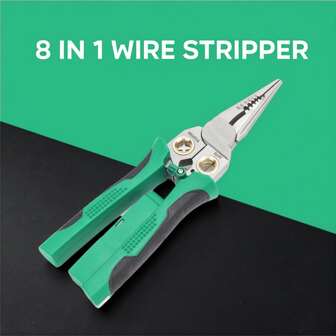 8合1剥线钳，可用于剪线、拉线，兼具电缆剪、电压测试钳功能，可判断12V至250V火线、零线和热线，支持交流和直流切换，并带有声音和LED闪光报警功能。