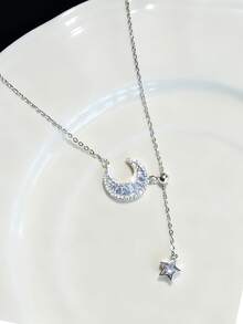 S925 Sterling Silver Synthetic Zirconia Star & Moon Mythology Design Star Tassel Necklace, Suitable For Women's Daily Wear And Gatherings, Elegant Necklace For Gifts On Holidays And Anniversaries - Silver - View 3