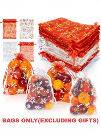 20pcs Christmas Snowflake Organza Gift Bags With Drawstring (9*12cm) Small Mesh Jewelry Candy Bag&Storage Bag ,Suitable For DIY Christmas Holiday Wedding Party Supplies Packaging (Only Bags, Excluding Gifts)