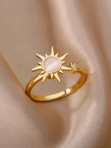 1Pc Fashion Sun Opal Fidget Ring For Women Gold Color Stainless Steel Anxiety Ring Spinner Ring Dainty Jewelry Gift - Yellow Gold - View 12