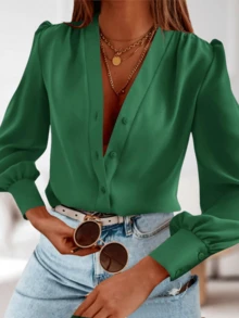 Cicybell Business Casual Tops Summer Long Sleeve Button Down Shirts V Neck Chiffon Blouses - 綠色 - 查看 1
