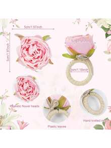 手工花朵餐巾环套装（6个），情人节餐巾装饰，粉色牡丹花手工餐巾环，适用于夏季、婚礼、午餐、野餐、宴会、生日、情人节、感恩节等场合的餐桌装饰。 - 彩色 - 查看 4