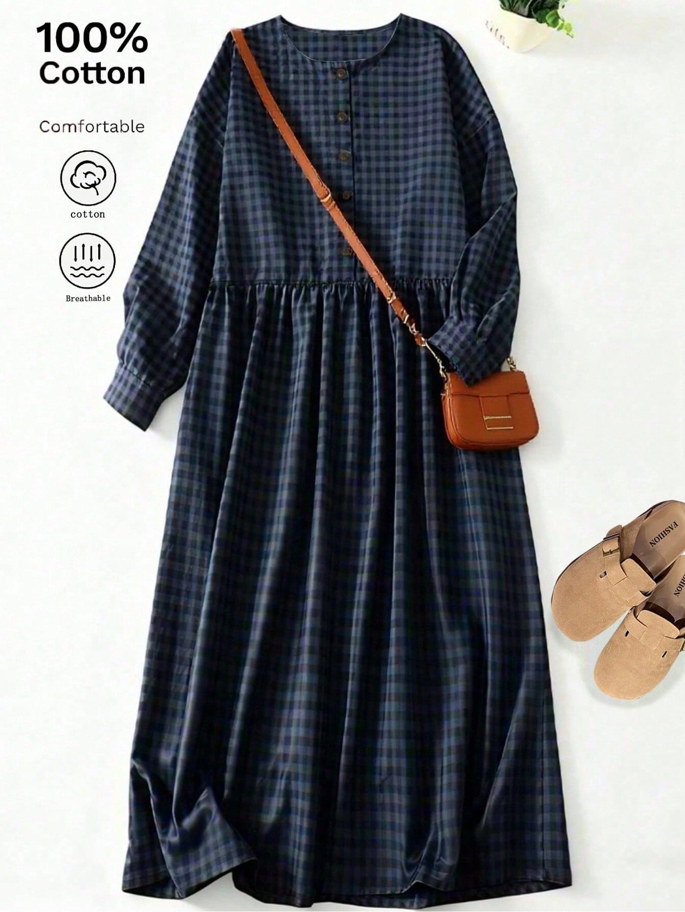 女士复古撞色格纹长袖连衣裙，宽松休闲秋季长裙