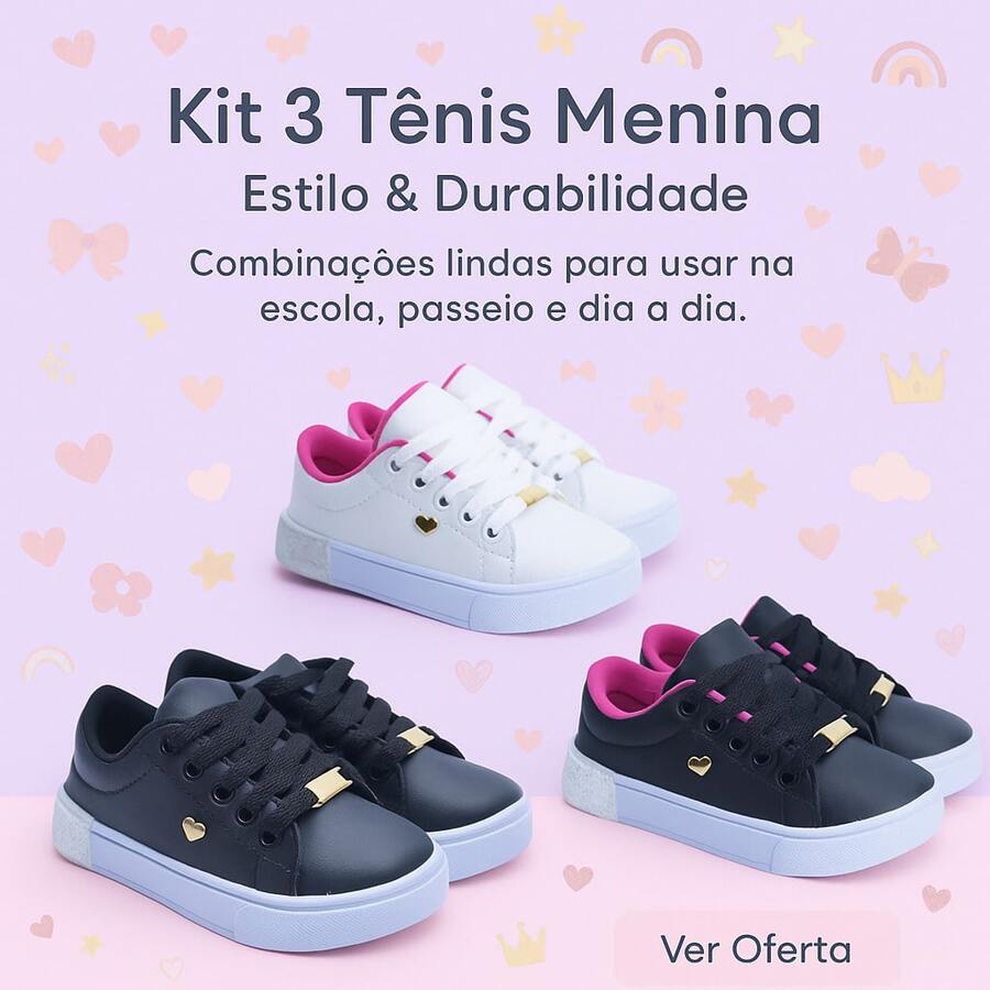 Set Of 3 Girls' Sneakers - Comfortable And Practical, Colors That Charm, Sizes 25 To 36 | ADD TO CART - White/Pink+Black/Pink+Black Glitter - View 1