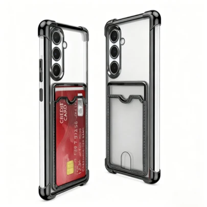 1pc Black Electroplated Four-Corner Air Cushion Card Slot Wallet Creative Push Hole Camera Full Coverage Anti-Fall Silicone Shock-Proof Back Cover TPU Card Holder Phone Case Compatible With Samsung Galaxy S25Ultra/S25Plus/S25/S25Edge/S24Ultra/S24Plus/S24/S23Ultra/S23Plus/S23/S22Ultra/S22Plus/S22/S21Ultra/S21Plus/S21/S23FE/S20Ultra/S20Plus/S20/S20FE/A56/A36/A26/A55/A35/A25/A15/A24/A34/A14/A05S/A54/A16/A06/A17/A07
