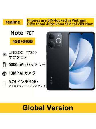 Realme Note 70T Smartphone 4GB+64GB, 6.74 Inches 90Hz Screen, 13MP Rear Camera, 7.94mm Thin Body, 6000mAh Large Battery, 8-Core Phone, Global Version, Christmas Gifts/Presents, WIthout Charger