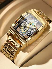 1pc Men's Business Style Hollow Quartz Watch With Zinc Alloy Gold-Colored Case - Gold - View 4