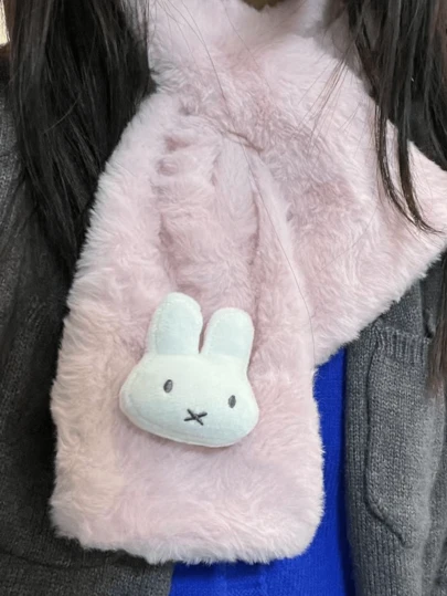 Miffy Soft Pink Scarf, Autumn Winter Warm Accessory With 3D Bunny Head Charm, Cute Y2K Animal Print Scarf For Women, Daily Style Essential & Perfect Birthday/Valentine's Day/Christmas Gift, Ideal Present For Sanrio Fans/Boyfriend/Girlfriend