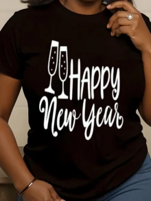 Plus Size Women T Shirt Happy New Year Champagne Gles Print Holiday Casual T Shirt 220g - 黑色 - 查看 1