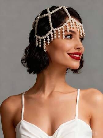 One Piece New Hot-Selling Tassel Faux Pearl Necklace Head Chain, 1920s Pearl Hat Headdress, Elegant And Charming Head Chain Hair Accessory, Suitable For Weddings, Bridesmaid Role-Playing, Parties, Photo Shoots, Christmas And Other Occasions.