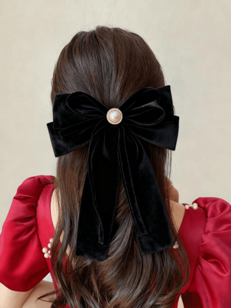 1件天鹅绒发饰，长尾蝴蝶结发夹，女士可爱发带发夹马尾夹鳄鱼夹配饰黑色