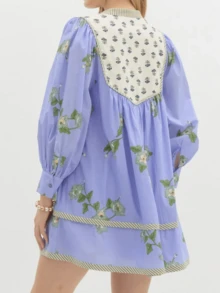 Women Boho Floral Short Dress Puff Sleeve Flowy Babydoll Dress V Neck Smocked Shirt Dresses Bohemian Mini Sundress - Blue - View 4