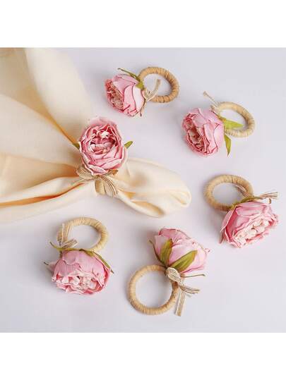 Handcraft Flower Napkin Rings Set Of 6,Valentine's Day Napkin Decoration,Pink Peony Flower Handmade Napkin Holder Rings Table Decorations For Summer,Wedding,Luncheons,Picnics,Banquet, Birthday,Valentine's, Thanksgiving