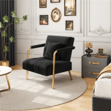 Butterslay 1pc Upholstered Accent Chair Modern Velvet Chair With Golden Metal Legs & Cozy Pillow, Leisure Arm Chair For Home Office - 黑色 - 查看 2