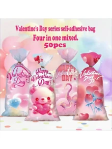 50个情人节红色爱心嘴唇透明糖果袋，配粉色丝带系带，耐用塑料糖果包装，平顶带金属丝封口，适合婚礼和派对礼物 - 彩色 - 查看 4