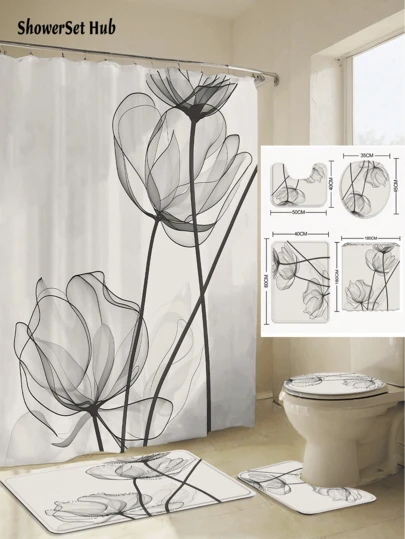 1/3/4件套黑白线条艺术花卉浴帘浴室套装，简约花卉防水耐磨配件，带12个挂钩 - 包括马桶盖、浴垫和地毯 - 塑料面料 - 可水洗，防霉 - 非常适合节日装饰、家居/卧室/住宅/西式/春季装饰