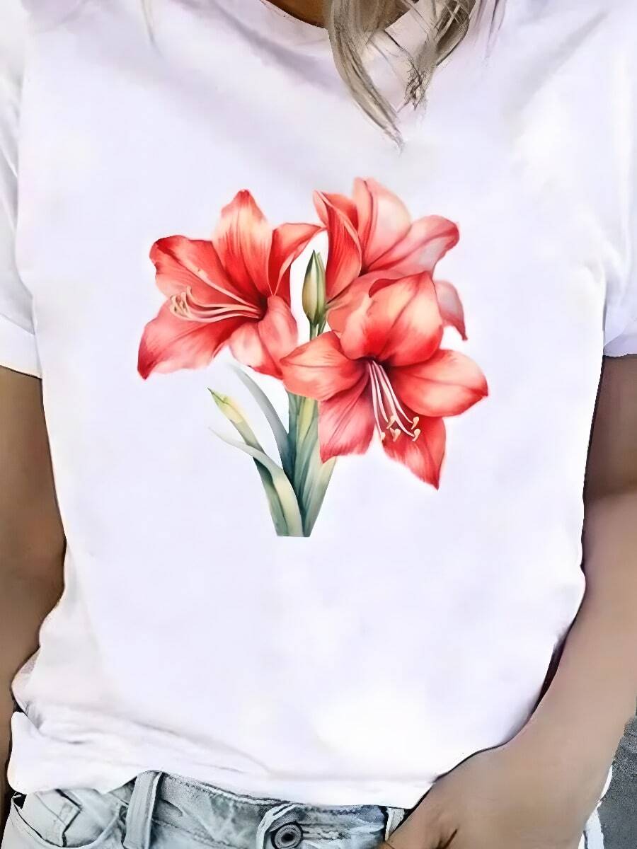 Christmas 1.0x-Plus Size Flower Sweet Trendss Cute 90s T-Shirt Ladies Fashion Basic Women Graphic Short Sleeve Clothing Tee Top Print Clotshes - 白色 - 查看 1