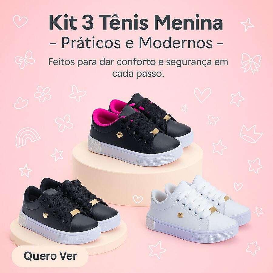 Set Of 3 Girls' Sneakers - Comfortable And Practical, Colors That Charm, Sizes 25 To 36 | ADD TO CART - BCOGliter+PTO Lấp lánh+PTO/Hồng - Xem 1