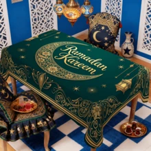 1/20pcs Ramadan Tablecloth, Green Background With Lantern, Moon And Floral Pattern, Elegant And Luxurious Ramadan Blessing Print, Suitable For Home, Kitchen, Dining Room, Party, Holiday And Gift, Durable And Easy Care, Indoor And Outdoor Use, Ideal Home Decor, Arabic Style Festival Decoration