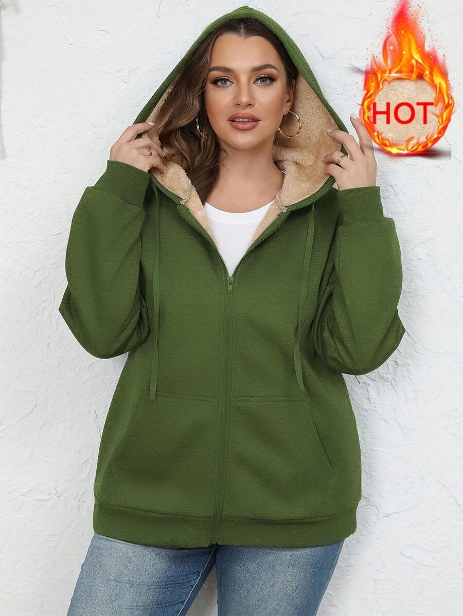 Women's Warm Fleece Hooded Jacket With Pockets, Winter - Green - View 1