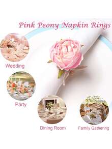 手工花朵餐巾环套装（6个），情人节餐巾装饰，粉色牡丹花手工餐巾环，适用于夏季、婚礼、午餐、野餐、宴会、生日、情人节、感恩节等场合的餐桌装饰。 - 彩色 - 查看 6