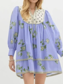 Women Boho Floral Short Dress Puff Sleeve Flowy Babydoll Dress V Neck Smocked Shirt Dresses Bohemian Mini Sundress - Blue - View 1