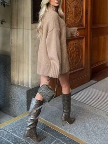 时尚女式针织长袖高领宽松毛衣裙，罗纹针织细节，长款，略有弹性，秋冬 - 卡其色 - 查看 4