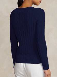 Apperloth A Women's Spring Casual Thin And Soft V Neck Long Sleeve Slim Fit Fitted Cropped Cable Knit Sweater Basic Pullover Top - Blue - View 2