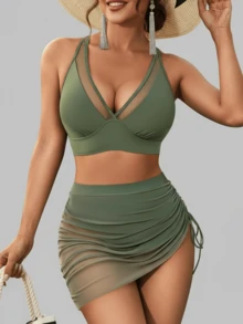 2025 New Bikini Set With Mesh Skirt, Cross-Border To Europe And America, Drawstring Waist Slimming Sexy Fitted Tummy Control Swimsuit, Beach Holiday Swimwear Vacation Summer - Army Green - View 1