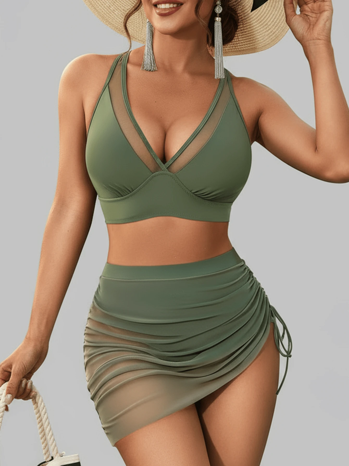 2025 New Bikini Set With Mesh Skirt, Cross-Border To Europe And America, Drawstring Waist Slimming Sexy Fitted Tummy Control Swimsuit, Beach Holiday Swimwear Vacation Summer - Army Green - View 1