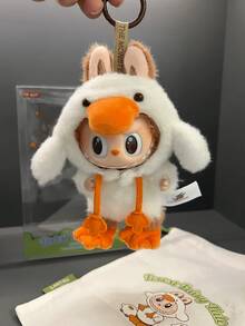 POP MART Labubu Monster Forest Fairy Tale Series Keychain, Cute Vinyl Soft Leather Pendant - Labubu Wearing White Outfit, Orange Duck-Bill Hat, Shoe Covers, Brown Rabbit Ear Headband, Big Round Eyes And Signature Fangs, Delicate Ring And Brand Tag, Well-Crafted Forest Fairy Companion - Orange - View 7