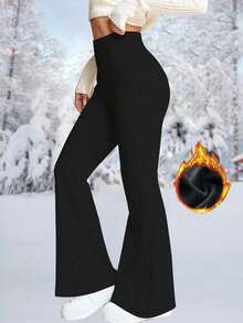 娇小女款加厚保暖休闲喇叭裤，日常简约休闲保暖加厚长裤，柔软舒适瑜伽裤，女装，女裤 - 黑色 - 查看 3