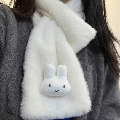 Miffy Soft White Scarf, Autumn Winter Warm Accessory With 3D Bunny Head Charm, Cute Y2K Animal Print Scarf For Women, Daily Style Essential & Perfect Birthday/Valentine's Day/Christmas Gift, Ideal Present For Sanrio Fans/Boyfriend/Girlfriend