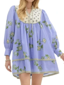 Women Boho Floral Short Dress Puff Sleeve Flowy Babydoll Dress V Neck Smocked Shirt Dresses Bohemian Mini Sundress - Blue - View 7
