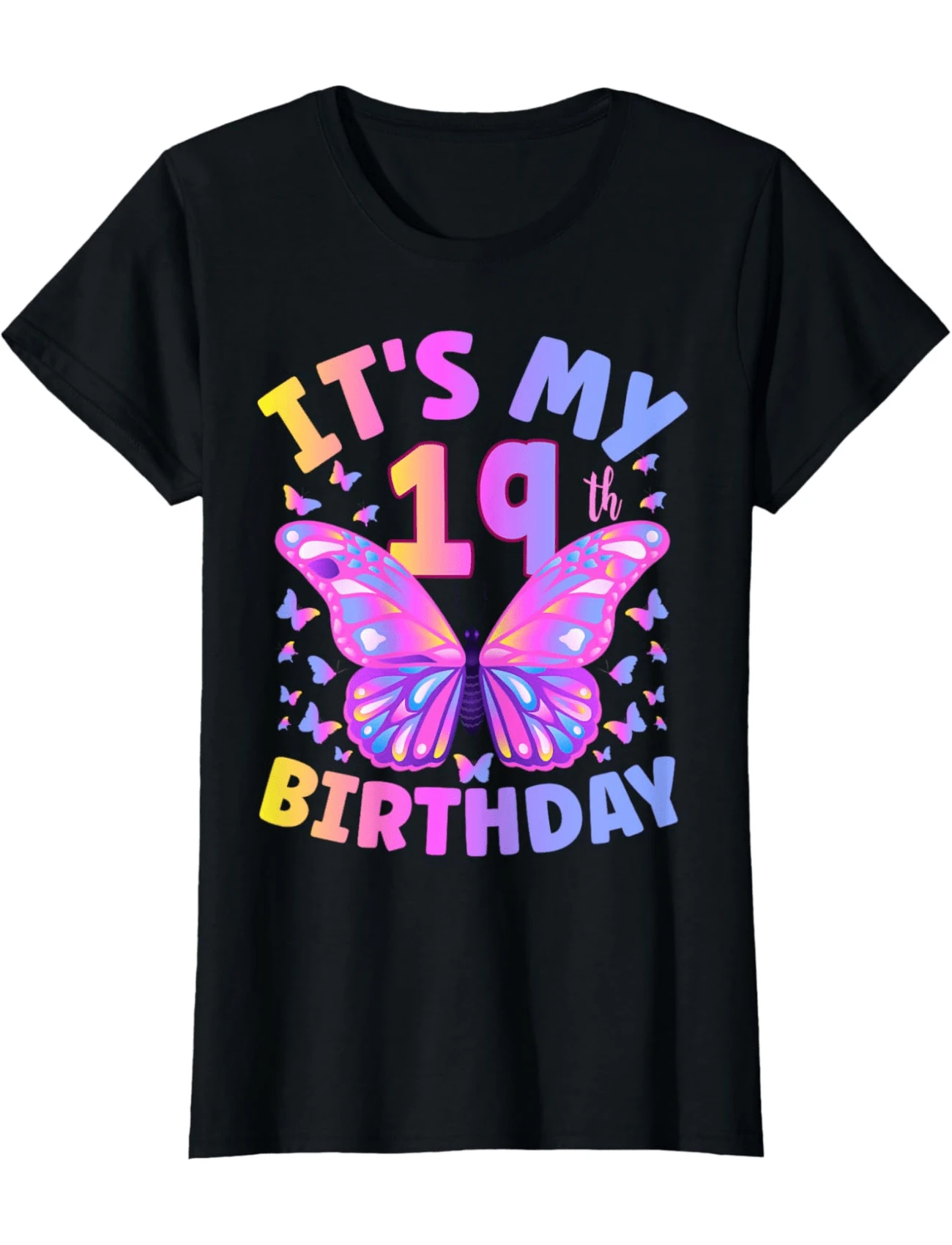 19th Birthday Shirt Girls 19 Year Old Butterfly Birthday T-Shirt - Black - View 1