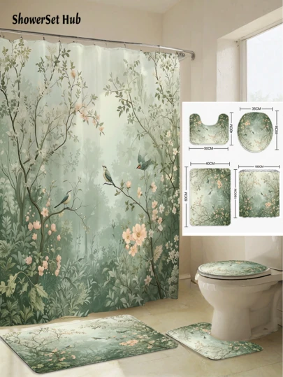 1/3/4件套复古森林鸟类花卉浴帘浴室套装，自然灵感防水耐磨配件，带12个挂钩 - 包括马桶座套、浴垫和地毯 - 塑料面料 - 可水洗，防霉 - 非常适合节日装饰、家居/卧室/住宅/西式/春季装饰。