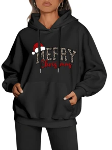 Women's   Christmas Hooded Sweatshirt - Sparkling Red "MERRY CHRISTMAS" Lettering with Golden Glitter & Snowflake Print, Cozy Winter Pullover Sweater, Pockets for Holiday Parties & Casual Wear - Negro - Ver 2