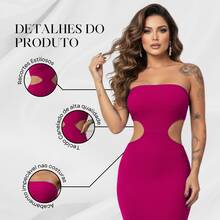 Long Strapless Dress With Opening At The Waist And Slit At The Back For Women's Party Night - 玫瑰紅 - 查看 6
