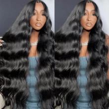 باروكة شعر طبيعي أمامية من الدانتيل بموجات جسم بكثافة 200% طول 36 بوصة، باروكة شعر طبيعي أمامية من الدانتيل بموجات جسم طول 32 بوصة 13x4، باروكة شعر طبيعي أمامية من الدانتيل بكثافة 200% لموسم الهالوين - طبيعي وأسود - مشاهدة 3